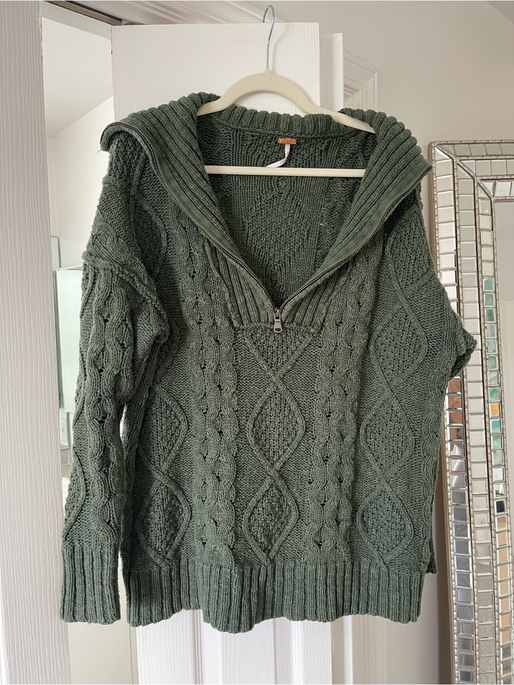 Free People Olive Green Cable Knit Zip-Front Sweater